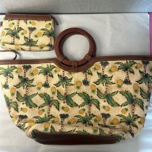 Liz Claiborne Green and Yellow Tropical Tote Bag and Matching Wallet